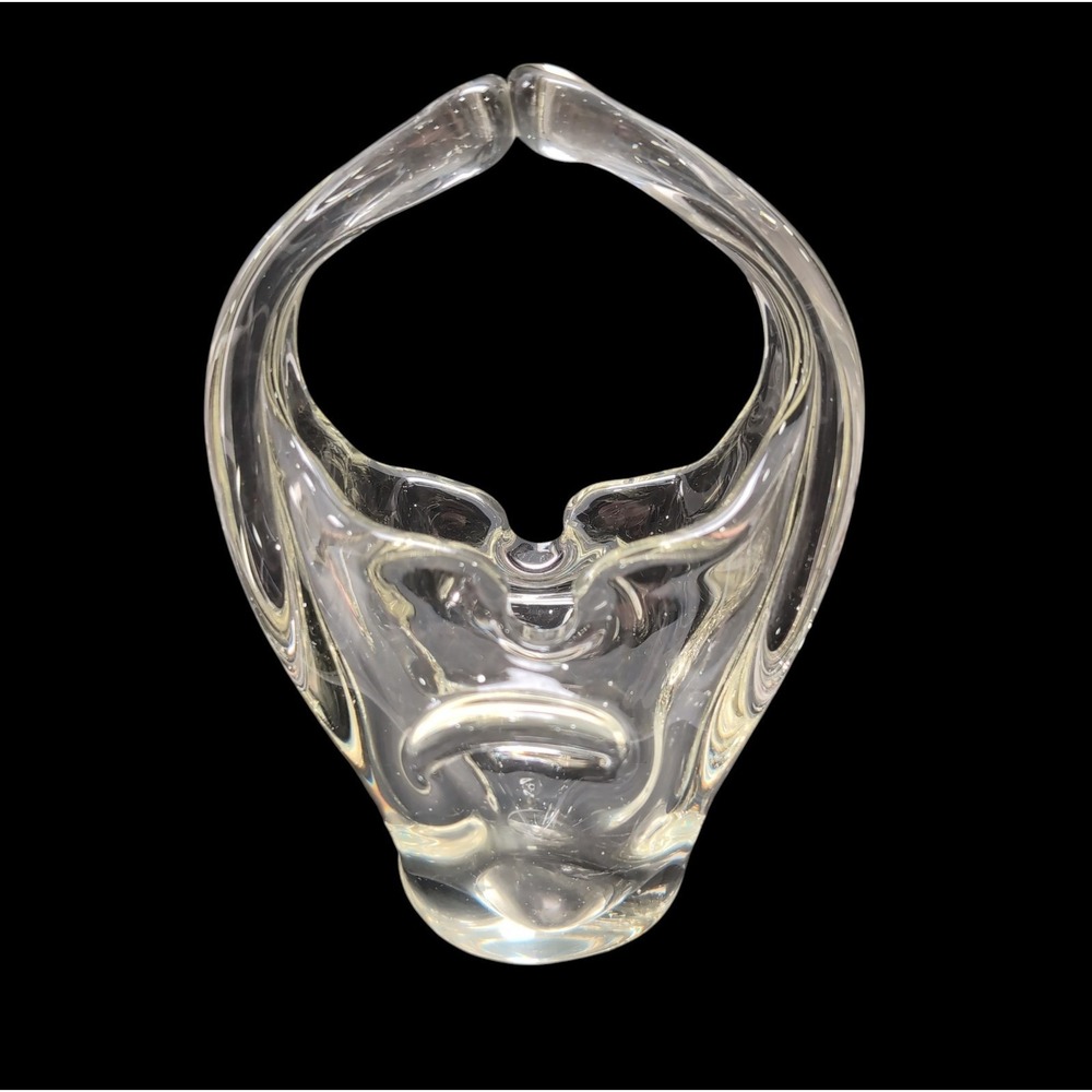 MCM Hand Blown Clear Art Glass Freeform Basket Arched Split Handle Murano Style
